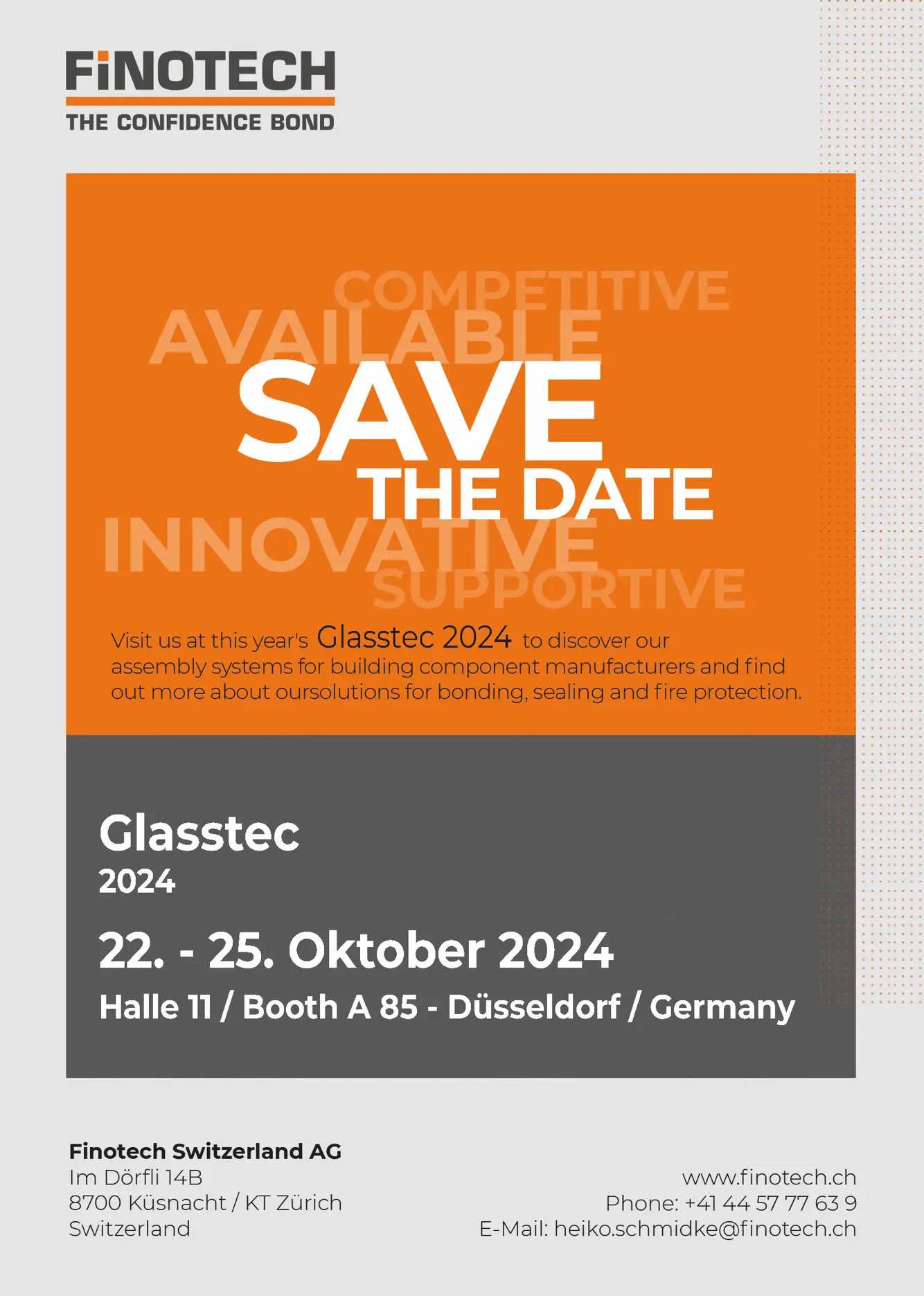 Save the date - Finotech Switzerland at Glasstec 2024 - Nuremberg, Germany